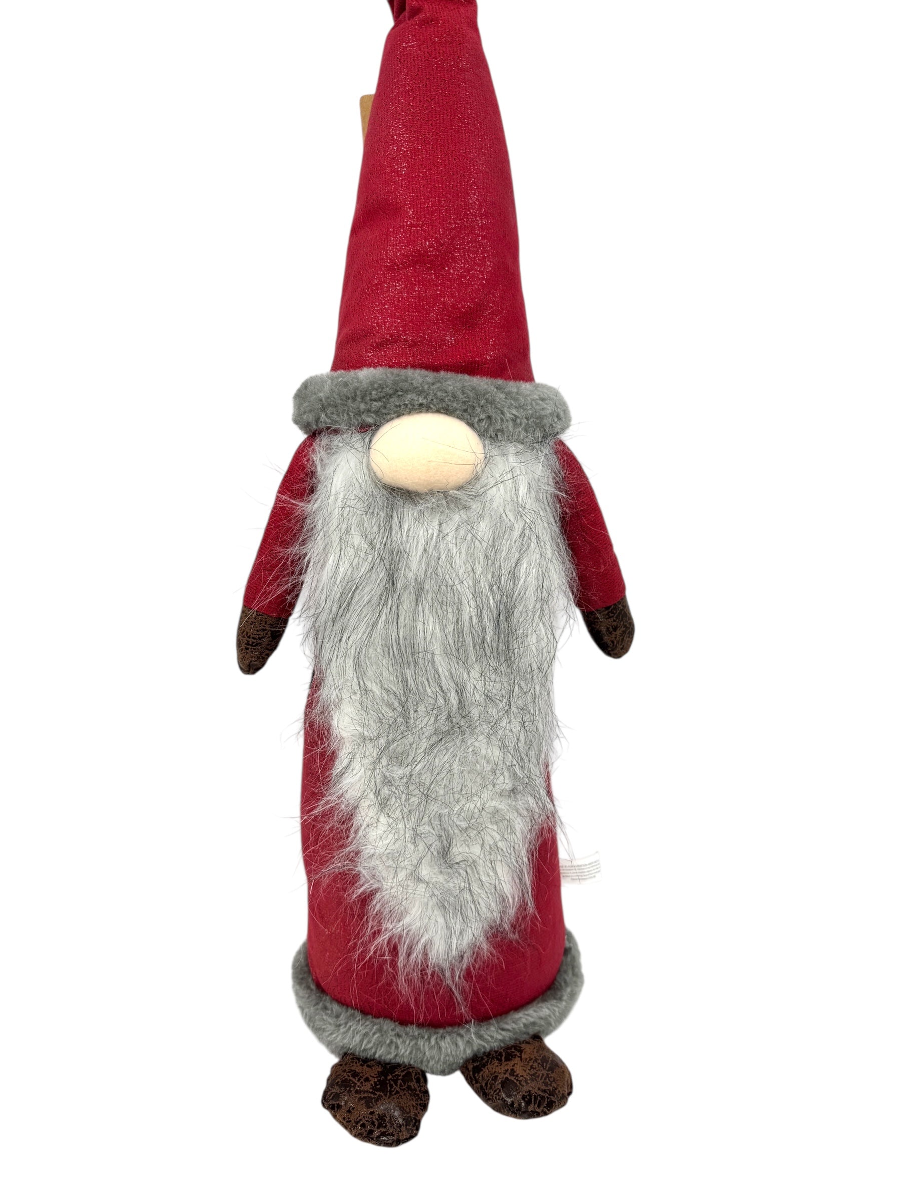 Meet Nencil the Gnome—a 20 tall, plush and poseable holiday table decoration with a red hat, gray faux fur beard, round nose, and brown mittens and shoes. Perfect for Nordic Christmas or Scandinavian decor.