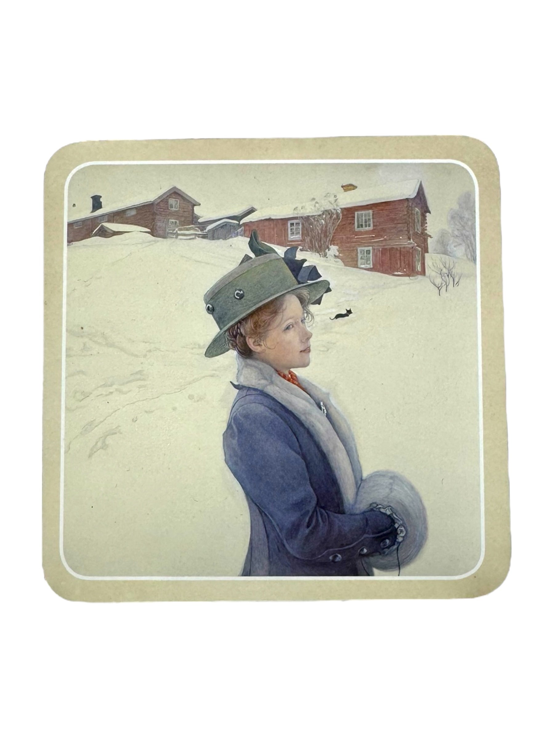 A person dressed in winter clothing stands outdoors before snow-covered cottages, holding a muff and wearing a green hat with feathers, reminiscent of the charm found in the Coaster: Carl Larsson.