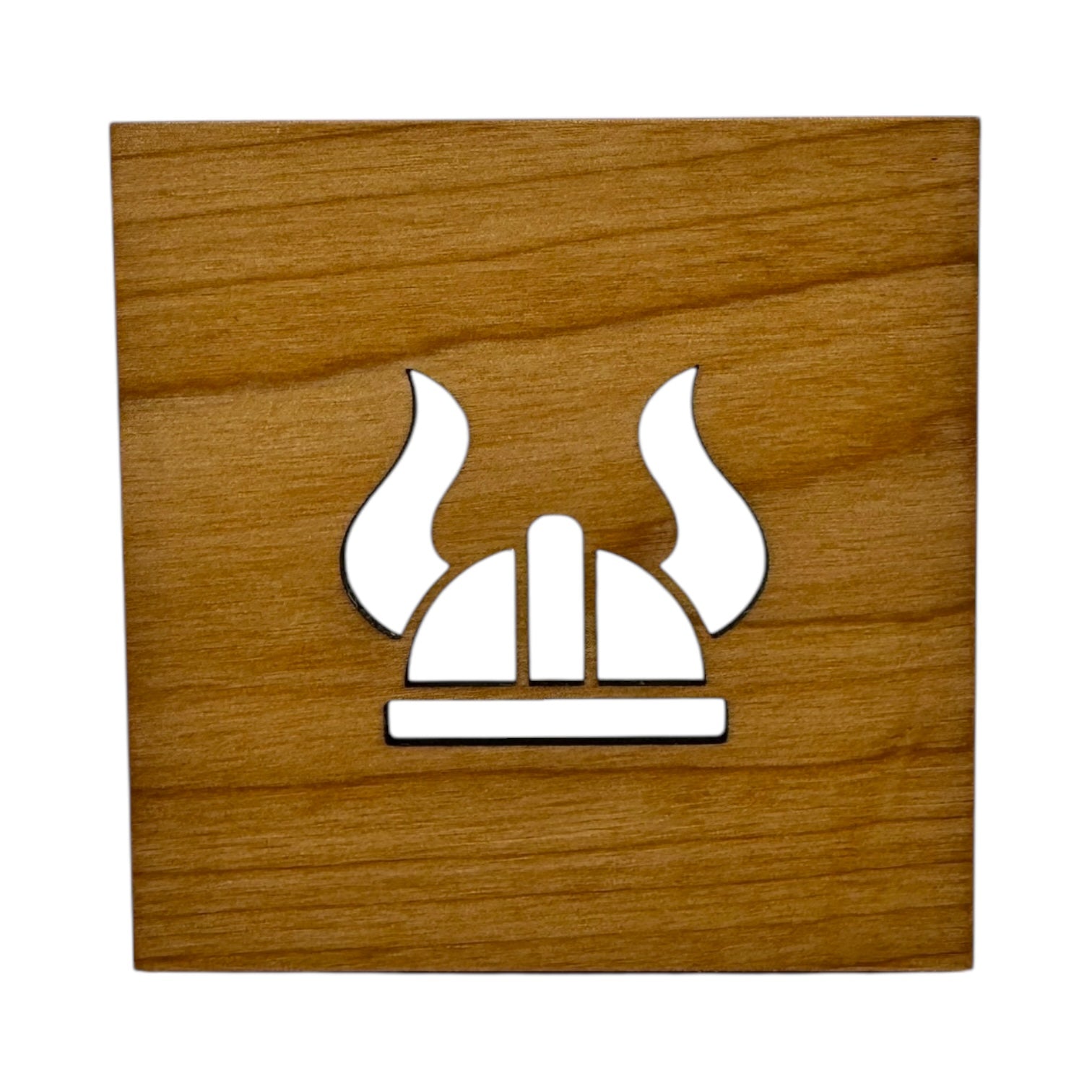 The Coaster: Nordic Viking Helmet 4x4 Square Alder Coaster showcases a white engraved Viking helmet with two curved horns at the center, celebrating Nordic tradition.