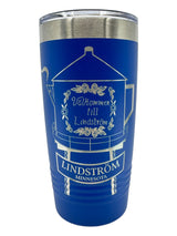 The 20 oz Polar Camel tumbler features a white Lindström Coffee Pot Water Tower illustration and “Välkommen till Lindström” text on blue stainless steel, making it a stylish and travel-friendly design.