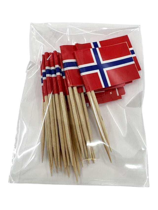 A pack of 25 Scandinavian flag toothpicks—featuring Norway, Sweden, Denmark, Finland, or Iceland flags—perfect for Nordic-themed parties or national celebrations.