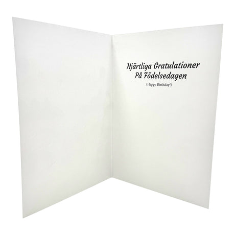 Inside the Card: Dala Horse Party, Birthday Card is the printed Swedish message “Hjärtliga Gratulationer På Födelsedagen” (Happy Birthday!), offering authentic Swedish charm and a Dala Horse detail.