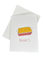 The Home is Where the Hot Dish Is! card (4.25 x 5) features a casserole dish with tater tots and text on a white linen-textured blank card. Includes envelope; perfect Midwest greeting.