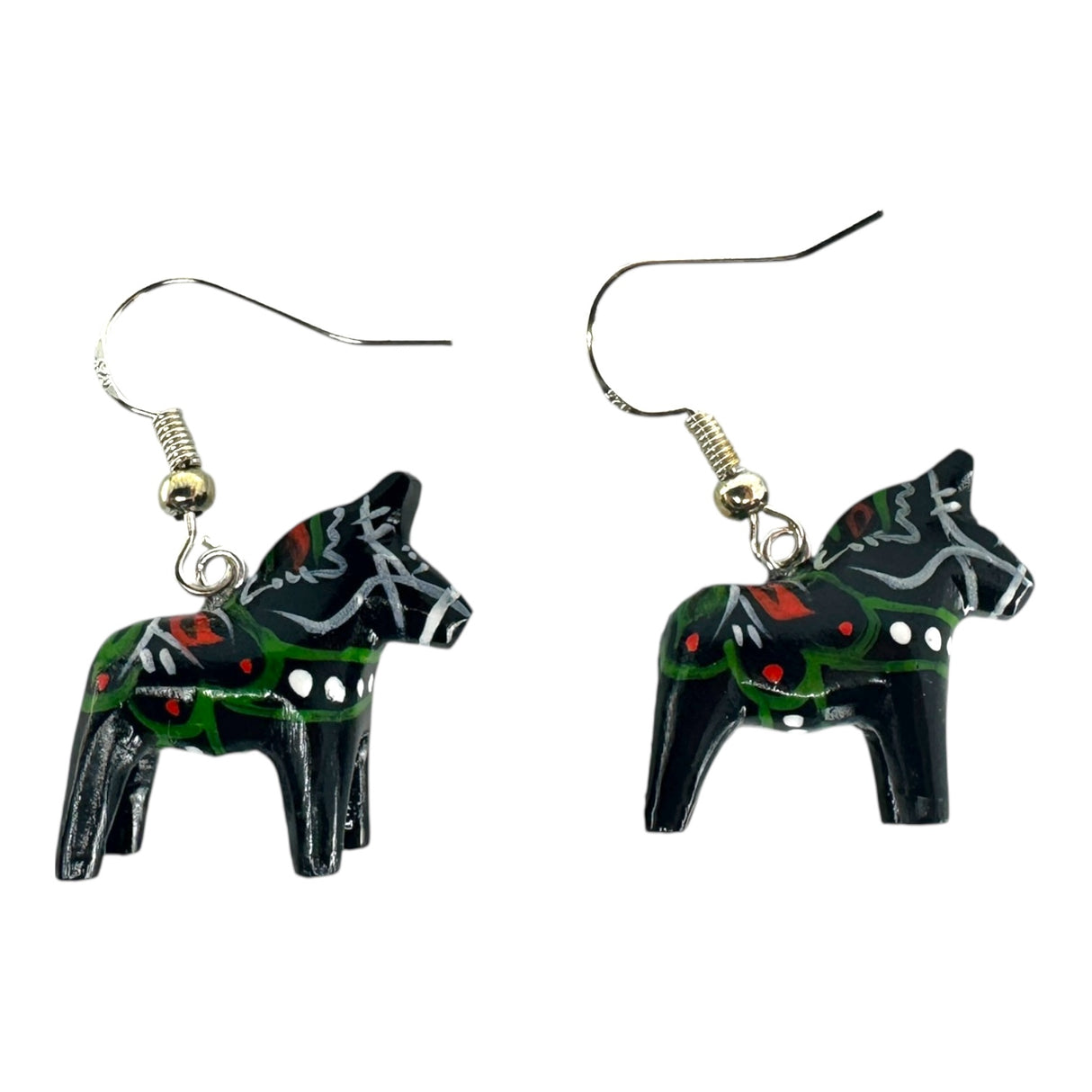 Handcrafted Earrings: Dala Horse Black (2cm/0.75 high) feature painted white, red, and green folk art patterns on fishhook wires, showcasing Swedish tradition against a white background.