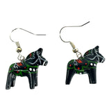 Handcrafted Earrings: Dala Horse Black (2cm/0.75 high) feature painted white, red, and green folk art patterns on fishhook wires, showcasing Swedish tradition against a white background.