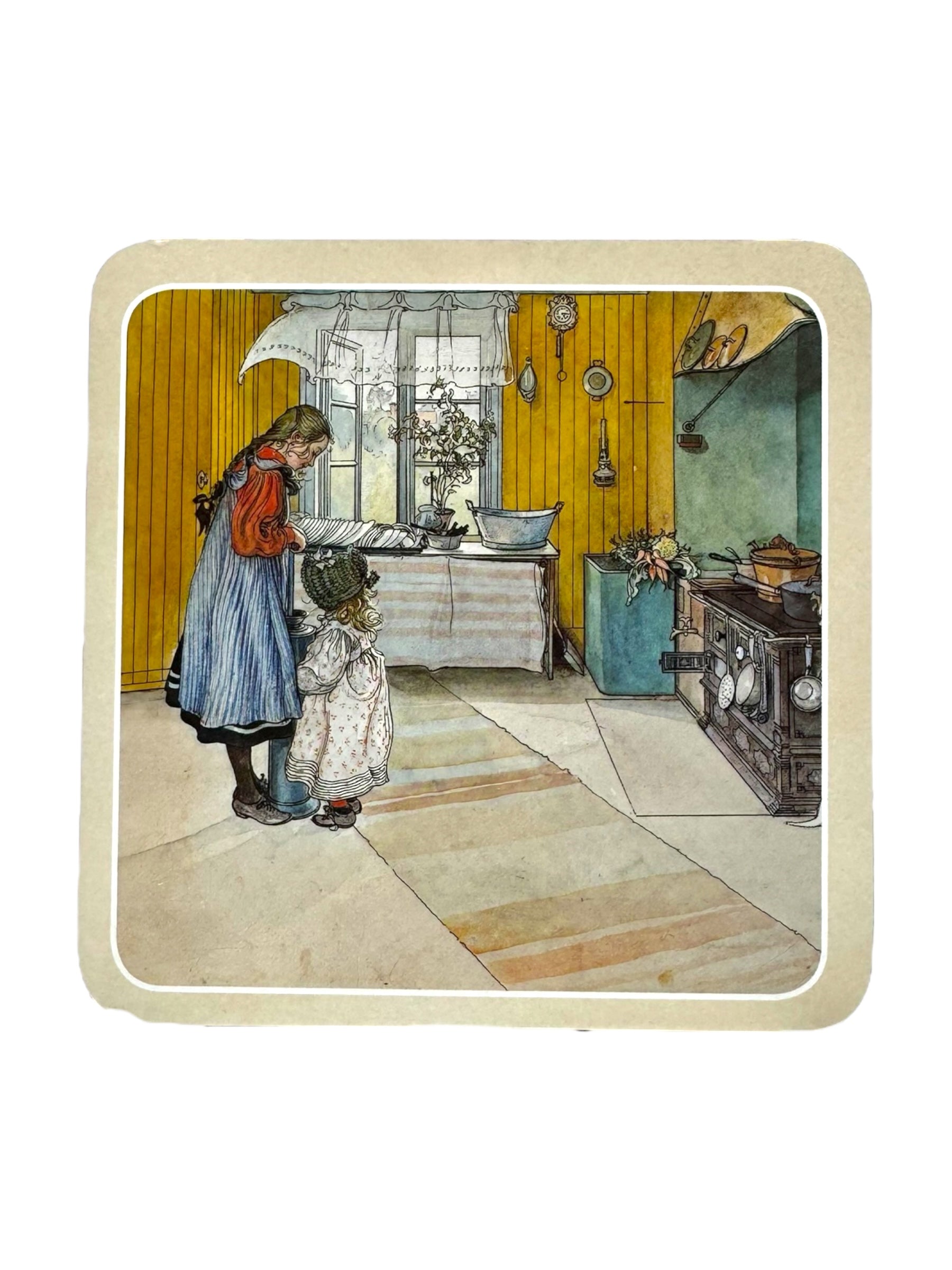 A woman and a child stand in a cozy kitchen with yellow walls, evoking the style of Carl Larsson's artwork. There's a stove, a table adorned with Carl Larsson coasters and covered with a white cloth, along with various kitchen items scattered around them.