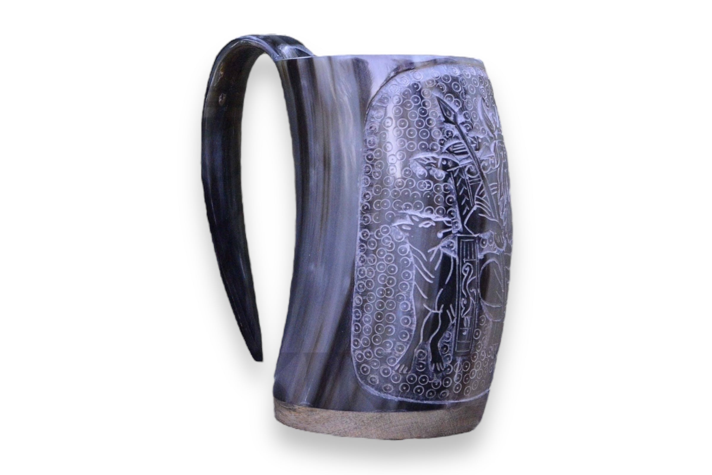 The "Horn: Viking Tankard | White w/ Black Accents (32-36 Oz)" is reminiscent of the elegance found in Viking ship craftsmanship, featuring a tall, hand-carved design with a curved handle and detailed grayscale patterns.