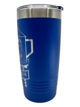 The Lindstrom Coffee Pot Water Tower on Blue 20 oz Stainless Steel Polar Camel Tumbler features a partial engraving, a slide-shut silver lid, and a travel-friendly design for enjoying drinks anywhere.