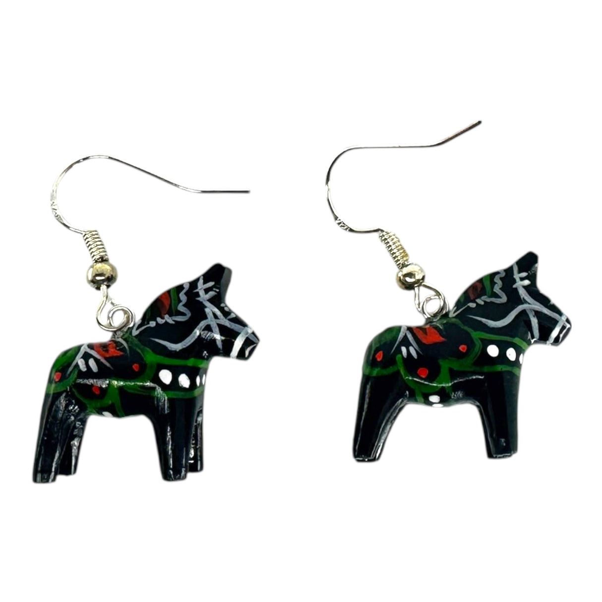 Earrings: Dala Horse Black Earrings – Handcrafted Swedish Folk Art (2cm/0.75 High) featuring black horse-shaped charms with painted white, red, and green details on metal hooks, inspired by traditional Swedish design.