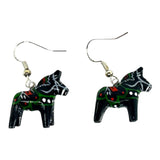 Earrings: Dala Horse Black Earrings – Handcrafted Swedish Folk Art (2cm/0.75 High) featuring black horse-shaped charms with painted white, red, and green details on metal hooks, inspired by traditional Swedish design.