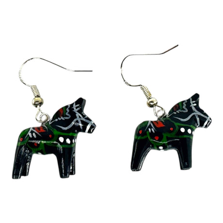 Earrings: Dala Horse Black Earrings – Handcrafted Swedish Folk Art (2cm/0.75 High) featuring black horse-shaped charms with painted white, red, and green details on metal hooks, inspired by traditional Swedish design.