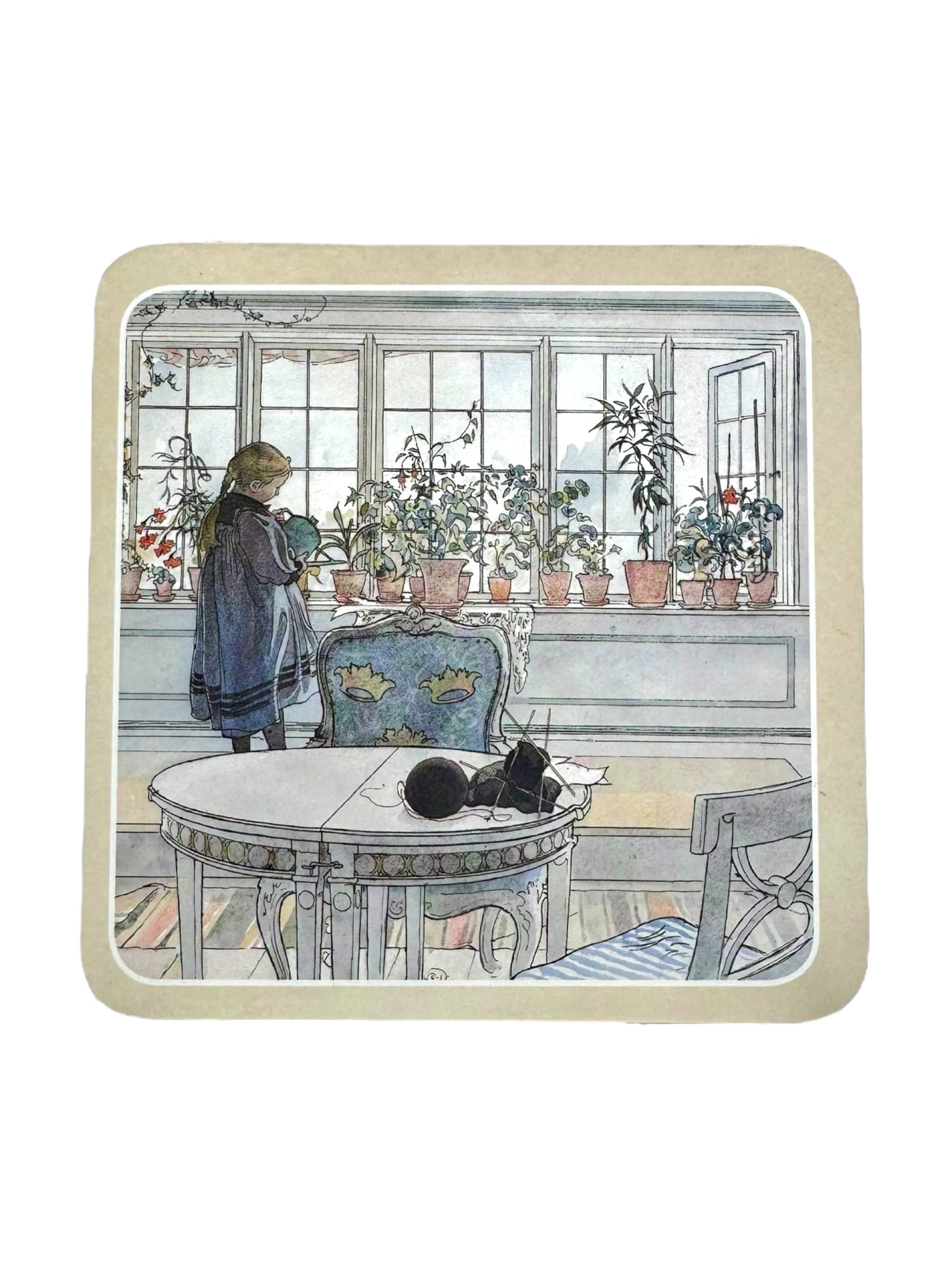 Inspired by Carl Larsson, this illustration features a woman tending to her plants beside a sunlit window. Nearby, there is a round table decorated with Coaster: Carl Larsson coasters. To complete this tranquil scene of everyday art, a cat curls up contentedly on the chair.