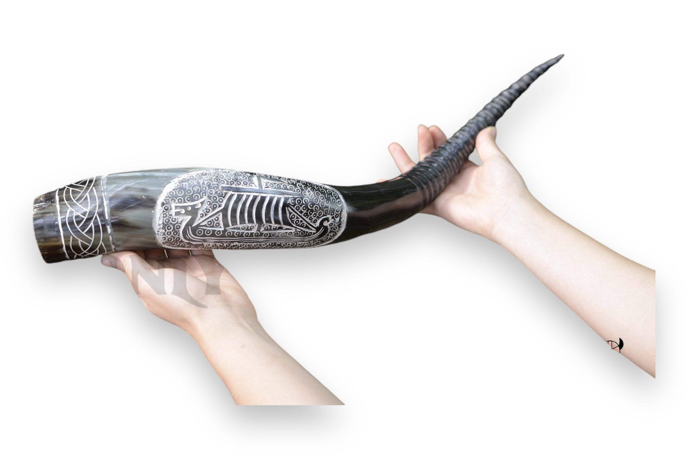 Hands holding the stunning Horn: Viking Drinking Horn w/ Metal Stand (14"-18"), featuring intricate engravings reminiscent of majestic raven motifs soaring through the sky.