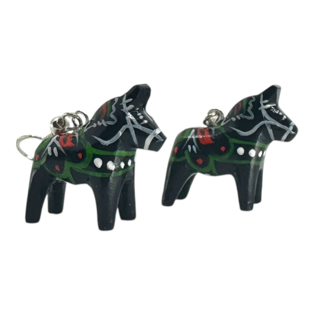A pair of black Dala Horse earrings, handcrafted in Swedish folk art style, featuring painted green, red, and white decorative patterns. Each earring measures 2cm (0.75) high.