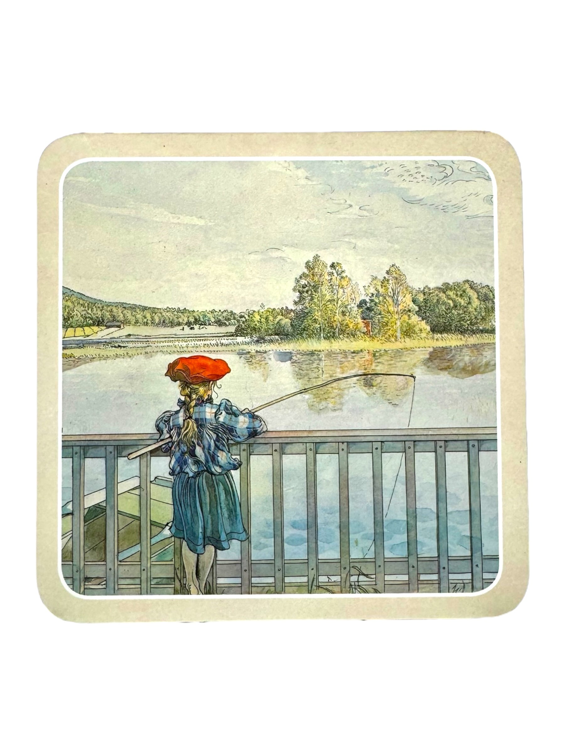 In a picturesque setting evoking the style of Carl Larsson, a child wearing a red hat and blue outfit fishes from a wooden platform that overlooks the tranquil lake, enveloped by verdant trees.