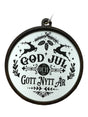 God Jul White & Gott Nytt År ornament features black holiday text with reindeer, pinecones, and foliage on white; hangs by a string—a festive way to celebrate Swedish Christmas traditions.
