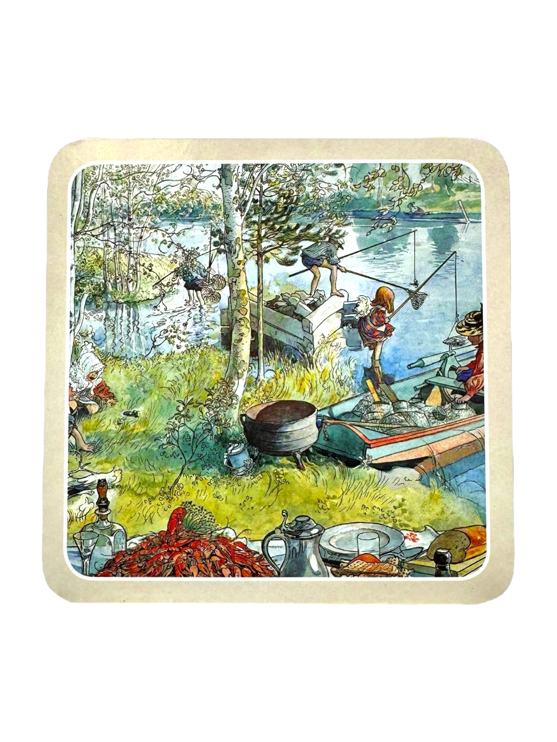 Illustration of people fishing by a riverside, surrounded by trees and picnic items, with a boat in the water, reminiscent of Coaster: Carl Larsson.