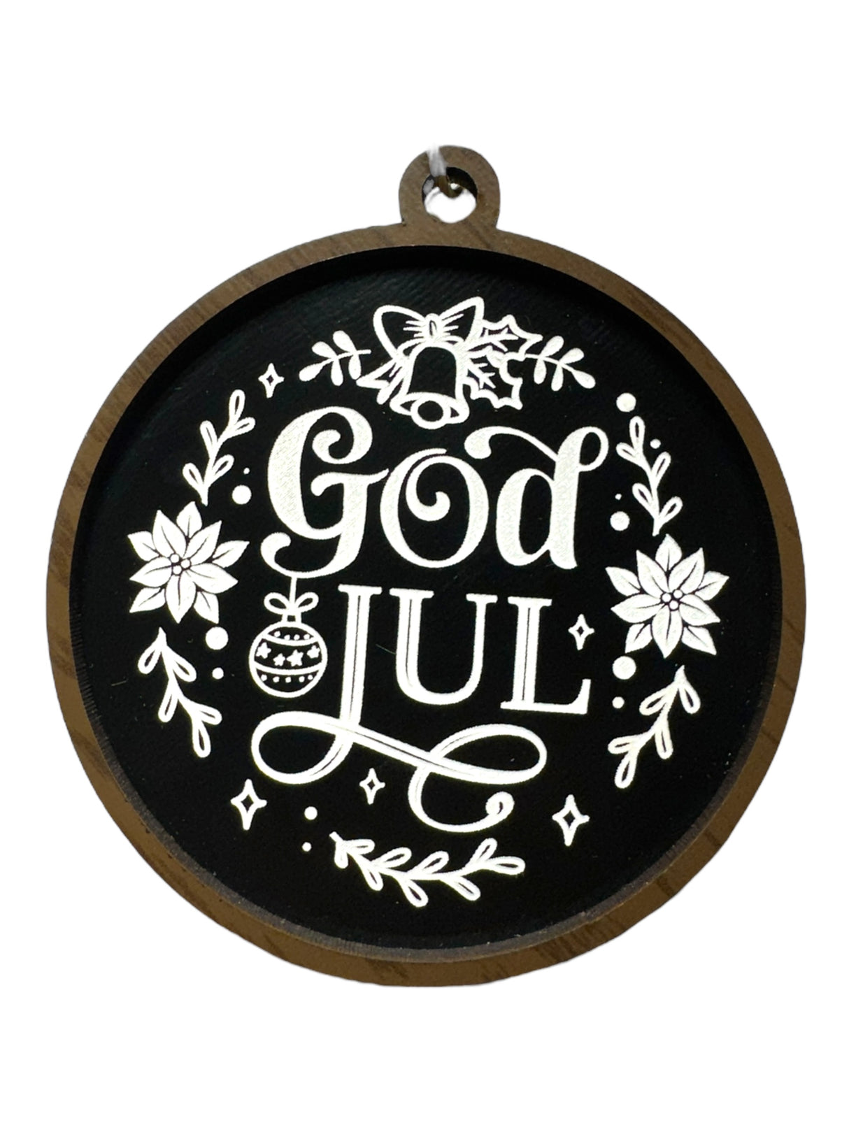 The Ornaments: God Jul Black with White Lettering & Trim brings Swedish Christmas charm to your décor, featuring white text and floral designs—perfect as a festive Merry Christmas ornament.