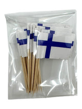 A clear plastic bag contains 25 Scandinavian Flag Toothpicks (Norway, Sweden, Denmark, Finland, or Iceland)—ideal for Nordic-themed parties or celebrations.