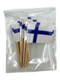 A clear plastic bag contains 25 Scandinavian Flag Toothpicks (Norway, Sweden, Denmark, Finland, or Iceland)—ideal for Nordic-themed parties or celebrations.
