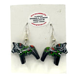Handcrafted Swedish Folk Art Dala Horse Black Earrings (2cm/0.75 high) with green and red accents, displayed on a Grannas A. Olssons Hemslöjd AB, Sweden white backing card.