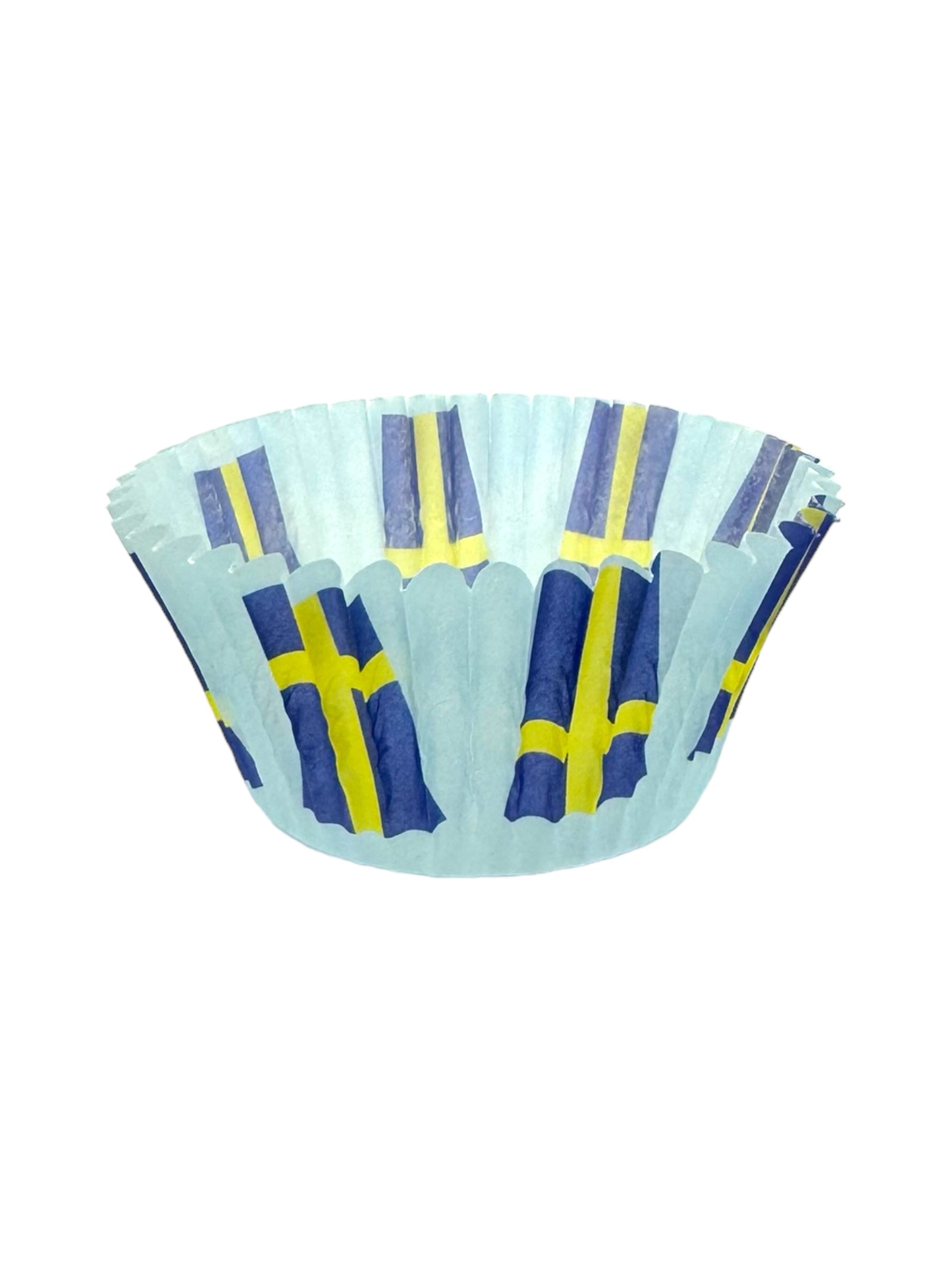 A cupcake liner from the "Cupcake Liner: Swedish Flag (50 pc)" collection, featuring the iconic Swedish Flag design in vibrant blue and yellow.