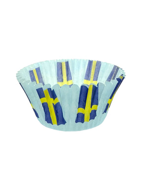 A cupcake liner from the "Cupcake Liner: Swedish Flag (50 pc)" collection, featuring the iconic Swedish Flag design in vibrant blue and yellow.