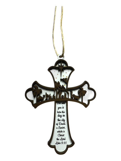 Add a meaningful touch to your Christmas décor with this white cross ornament featuring a brown border, manger scene, and "For Unto You is Born This Day..."—a beautiful reminder of the season.