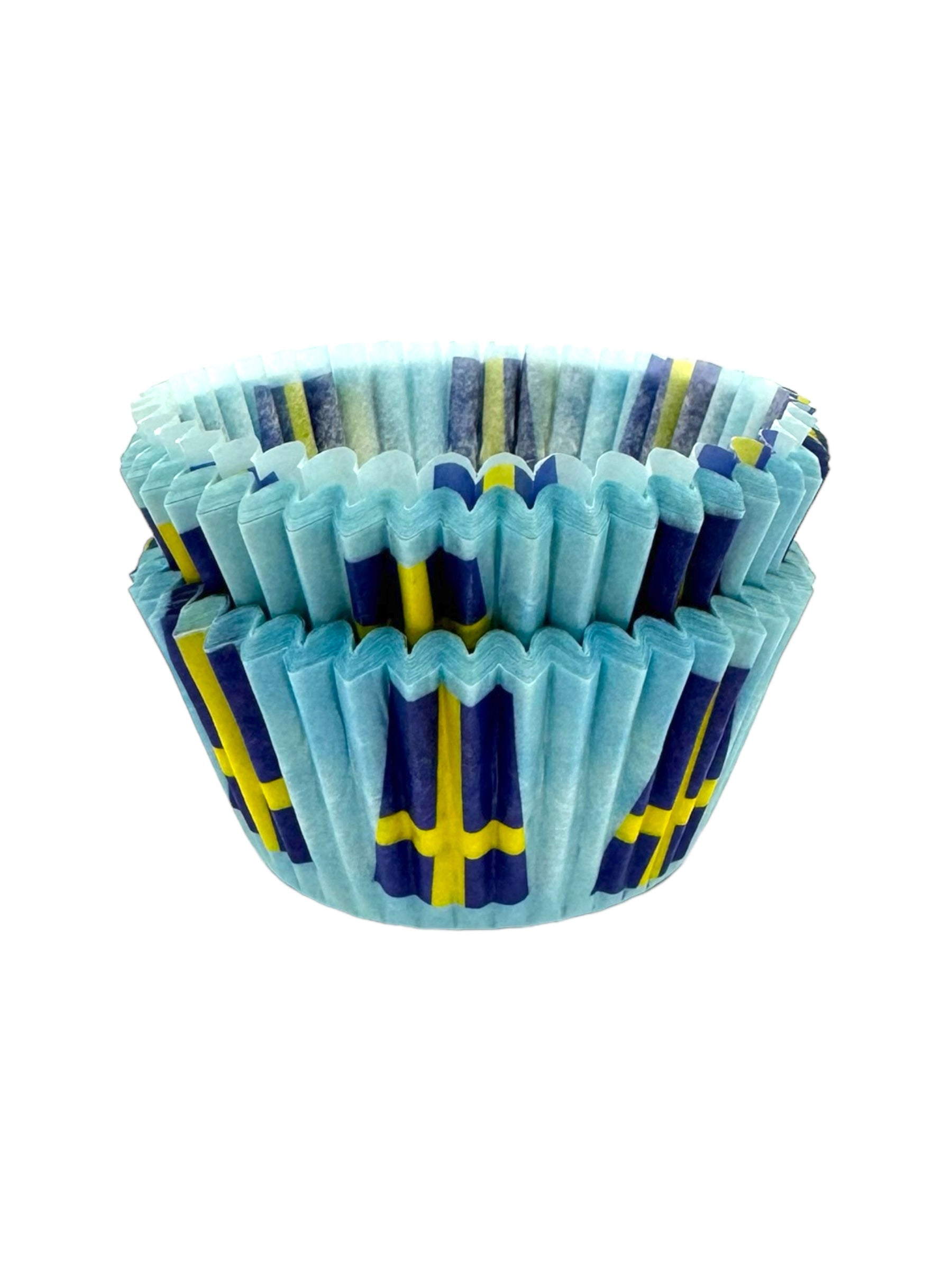 A pack of Swedish Flag cupcake liners, featuring a striking yellow cross pattern on a blue background, comes in a set of 50 pieces.