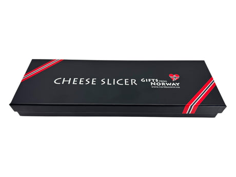 Rectangular black box with red and white diagonal stripes, labeled Cheese Slicer: Jagged Norwegian Cheese Slicer & Cutter with Viking Ship image and Moose pewter handle—a perfect tribute to Scandinavian heritage and tradition.