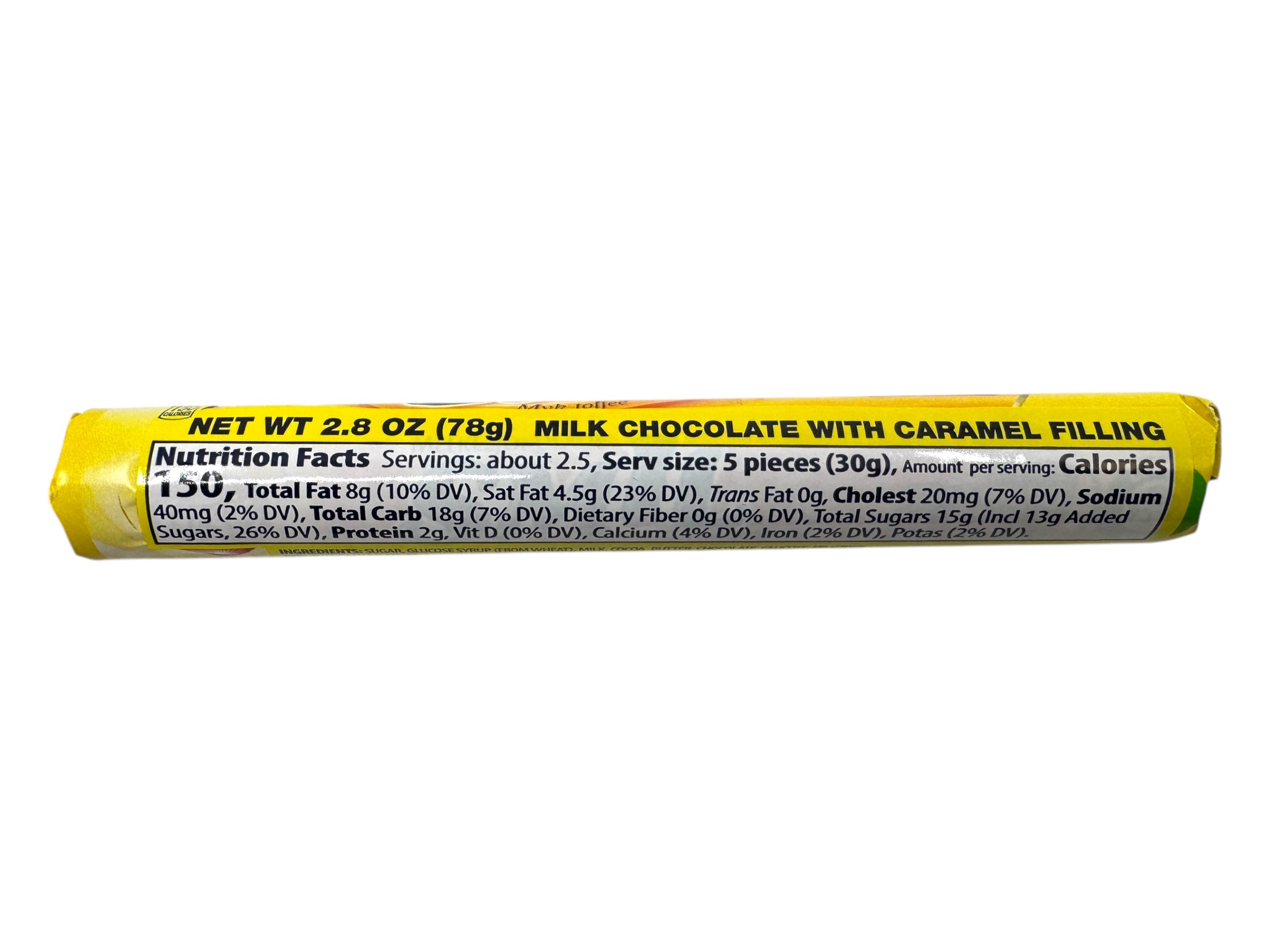 Freia Smil Milk Chocolate Caramel Roll (78g) is a Norwegian treat with a rich milk chocolate coating and a yellow label showing nutrition facts and serving size.
