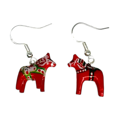 Handcrafted Swedish Folk Art Dala Horse Red Earrings (2cm / 0.75 high) featuring painted red horse-shaped charms inspired by Swedish designs, each on a silver hook.