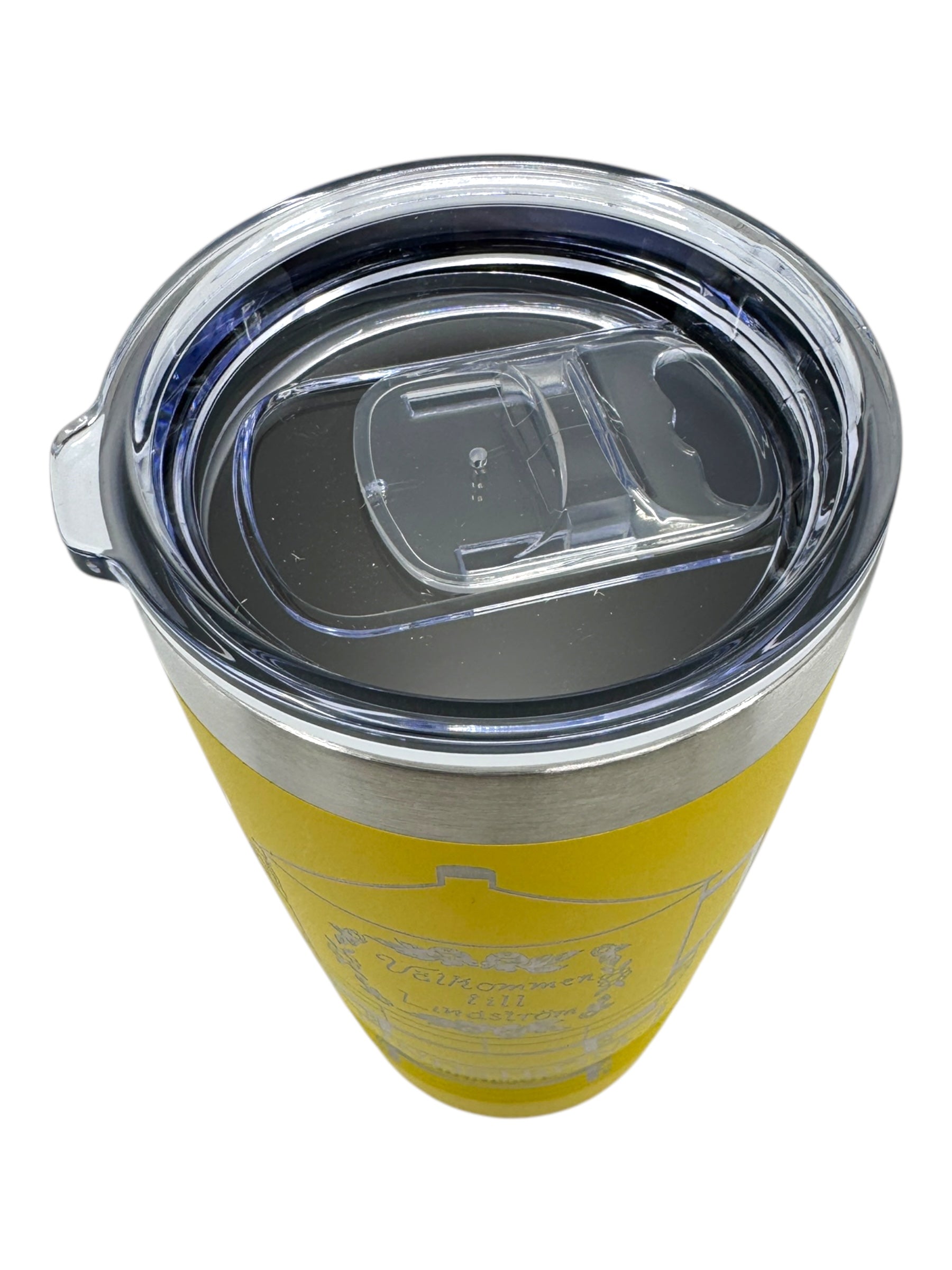 The Lindstrom Coffee Pot Water Tower on Yellow 20 oz Stainless Steel Polar Camel Tumbler features a yellow exterior and slide-shut clear lid, perfect for travel. Shown from above on a white background.