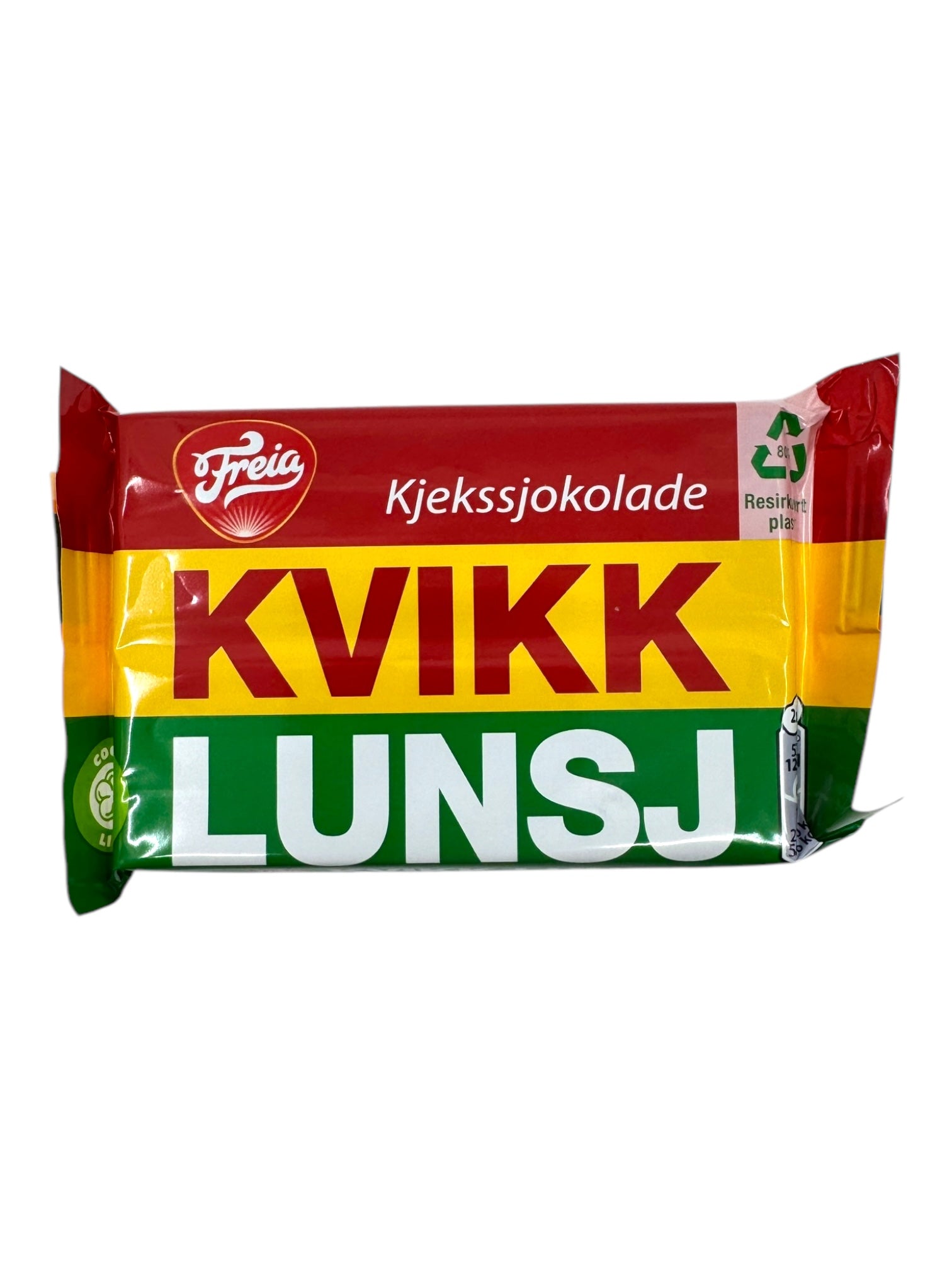 A 47g Freia Kvikk Lunsj bar, a classic Norwegian milk chocolate wafer in red, yellow, and green packaging labeled Kjekssjokolade, featuring a recycling symbol on the top right.
