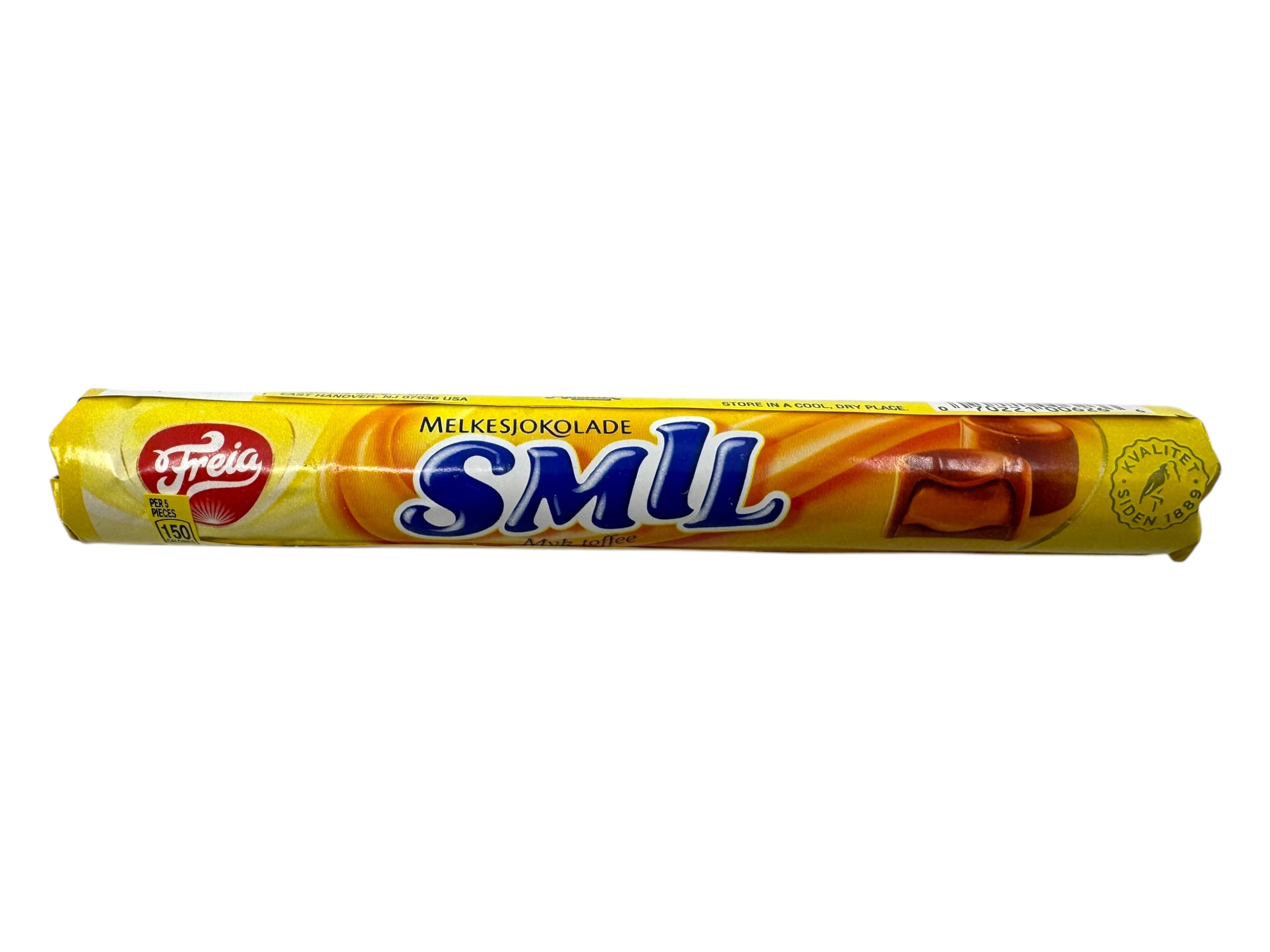 A yellow 78g pack of Freia Smil Milk Chocolate Caramel Roll, a popular Norwegian treat, displays blue and white text and shows chocolate pieces filled with caramel rolls.