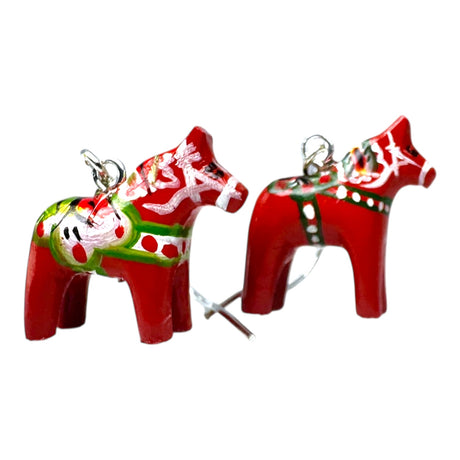 Earrings: Dala Horse Red Earrings – Handcrafted Swedish Folk Art (2cm/0.75 high). Small red wooden horse ornaments with hand-painted designs and metal loops—perfect as unique earrings or jewelry accents.