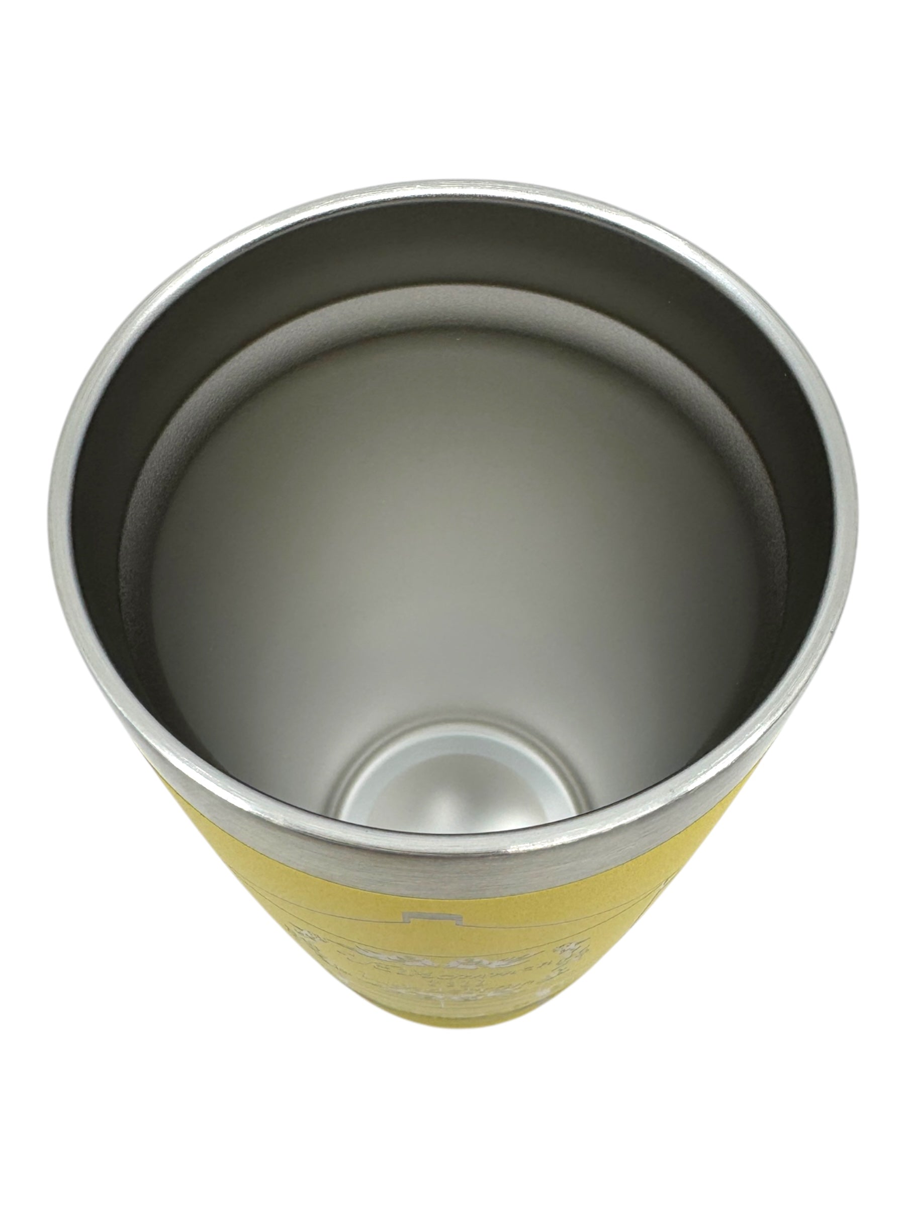 Top-down view of the 20 oz Stainless Steel Polar Camel Tumbler, featuring a Lindstrom Coffee Pot Water Tower design on a yellow exterior and equipped with a slide shut lid and smooth, rounded edges.