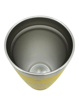 Top-down view of the 20 oz Stainless Steel Polar Camel Tumbler, featuring a Lindstrom Coffee Pot Water Tower design on a yellow exterior and equipped with a slide shut lid and smooth, rounded edges.