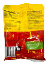 Back of a red and yellow Ahlgrens Bilar - Original (125g) Swedish Candy bag, with nutritional info, ingredients, barcode, and Swedish text. A transparent window shows the iconic marshmallow car-shaped candies inside.