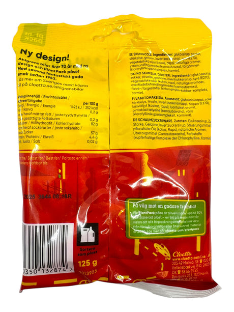 Back of a red and yellow Ahlgrens Bilar - Original (125g) Swedish Candy bag, with nutritional info, ingredients, barcode, and Swedish text. A transparent window shows the iconic marshmallow car-shaped candies inside.