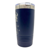 A 20 oz stainless steel Polar Camel tumbler featuring double-wall insulation, a navy blue matte finish, silver rim, clear slide-shut lid, and Always Be Yourself Unless You Can Be a Viking text.
