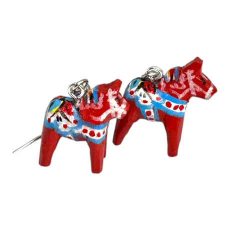 Earrings: Dala Horse Red Earrings – Handcrafted Swedish Folk Art (2cm / 0.75 High), featuring vibrant designs and metal hooks; a charming, artisan-made accessory inspired by Swedish tradition.