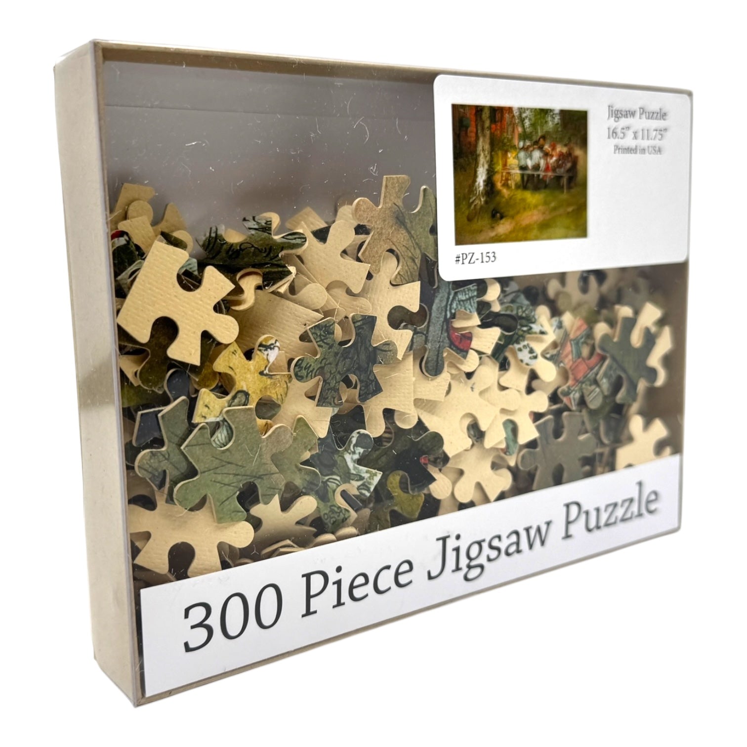 The Puzzle: Breakfast Under Big Birch (300 Pieces) box features loose pieces and a small image of Carl Larsson’s completed Breakfast Under the Big Birch puzzle on the top right corner.