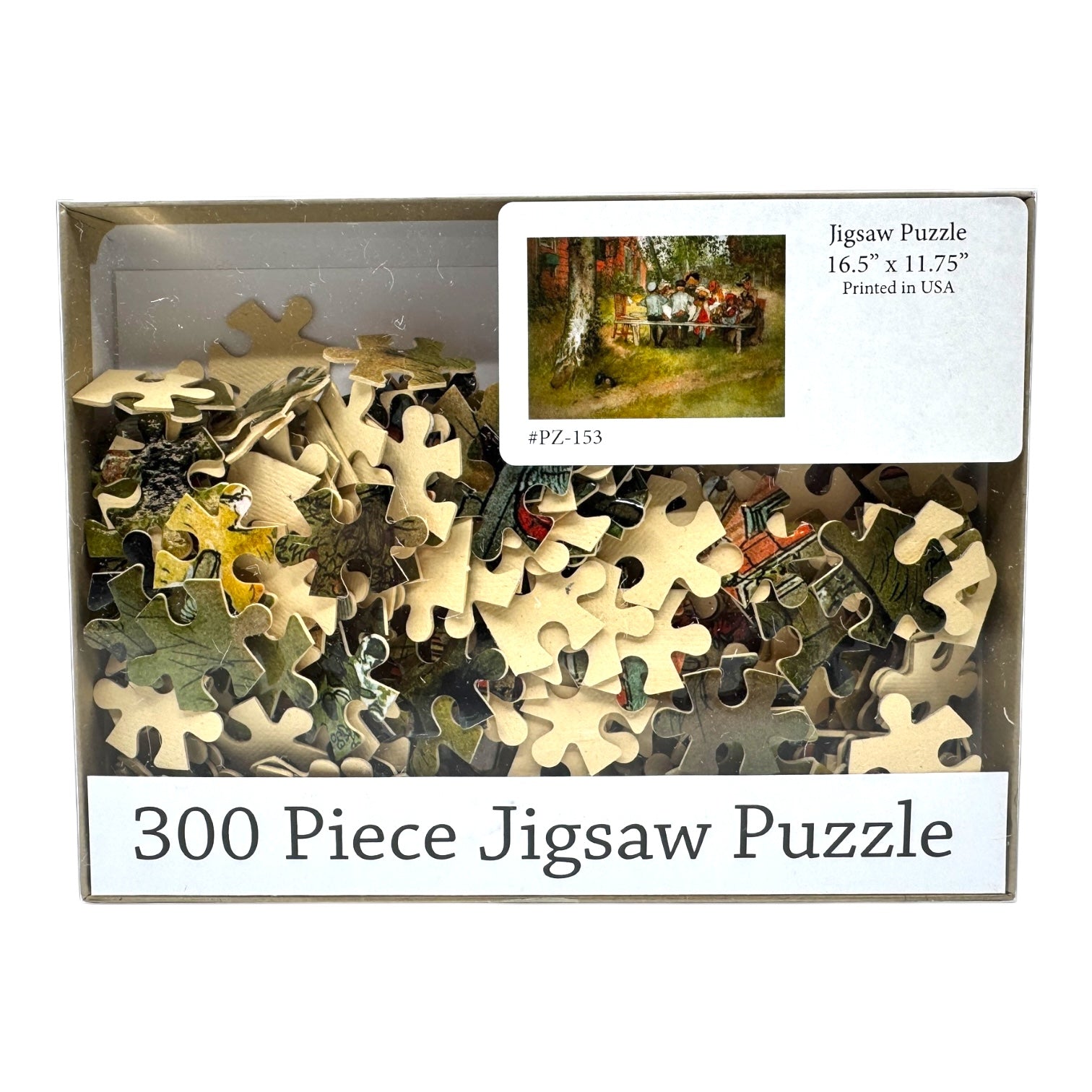 Puzzle: Breakfast Under Big Birch (300 Pieces) comes in a box labeled with Carl Larssons artwork, the number of pieces, and the puzzle dimensions.