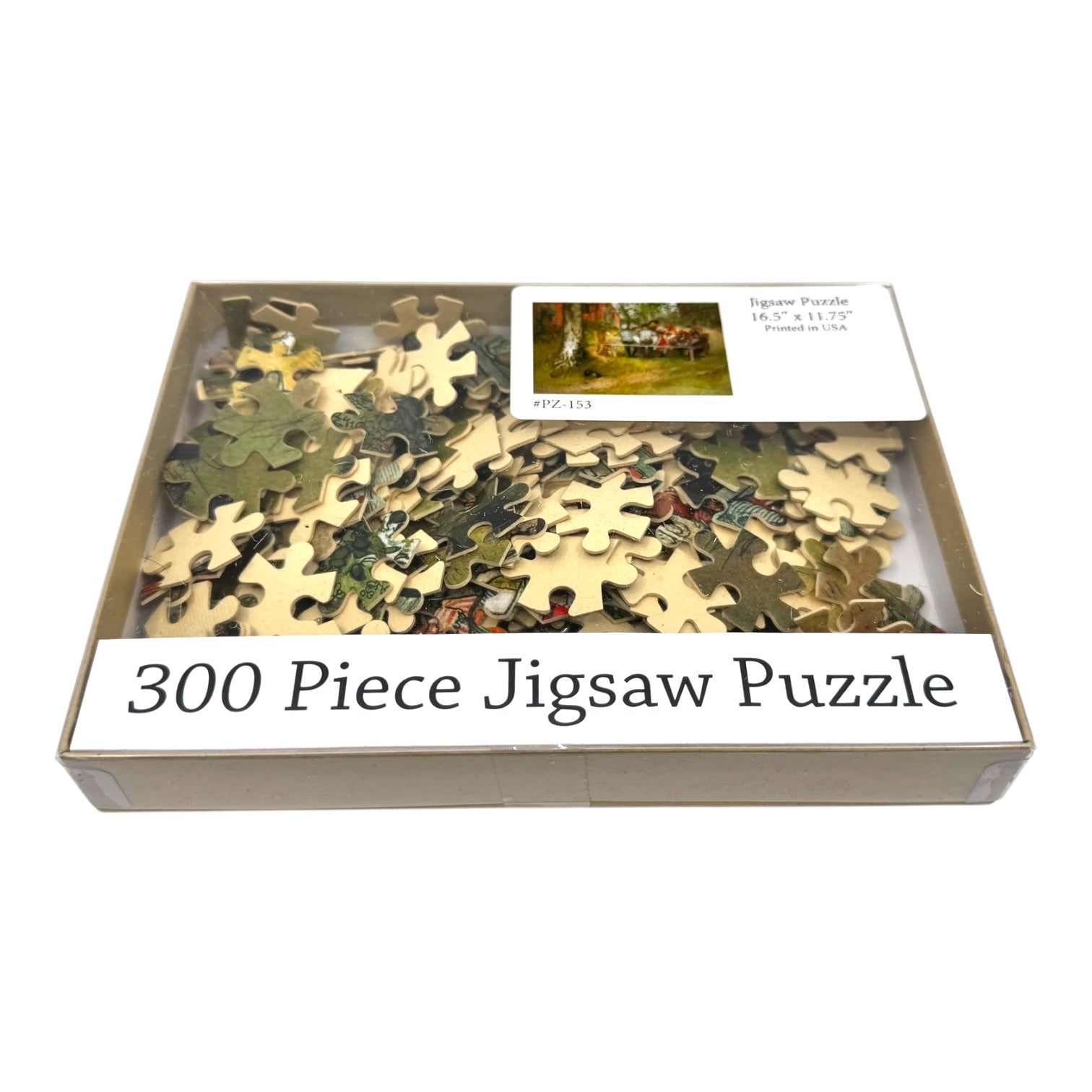 The Puzzle: Breakfast Under Big Birch (300 Pieces) comes in an open box with loose pieces and a small image of the finished artwork on the packaging.