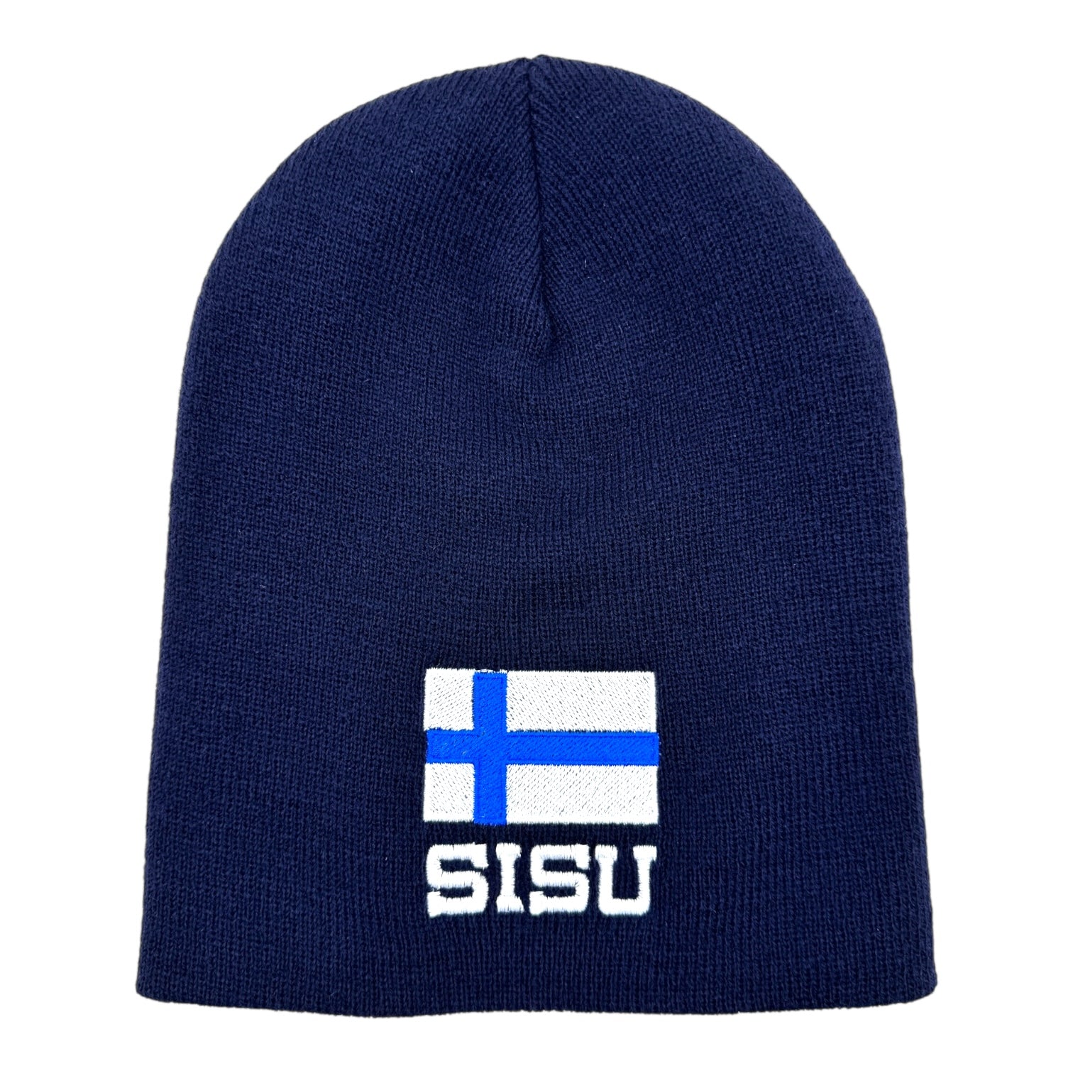 The Hat: SISU with the Finnish Flag Beanie is a navy blue beanie with the Finnish flag and SISU embroidered on the front, ideal for displaying your Nordic pride.
