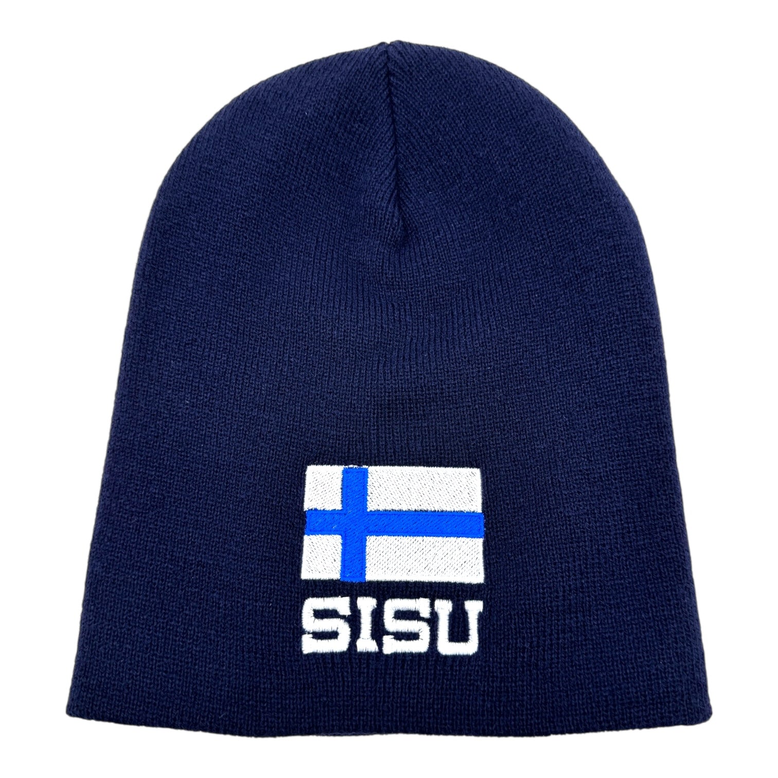 Show your Finnish pride with the Hat: SISU with the Finnish Flag Beanie, featuring a navy blue design, an embroidered Finnish flag, and bold white SISU lettering.