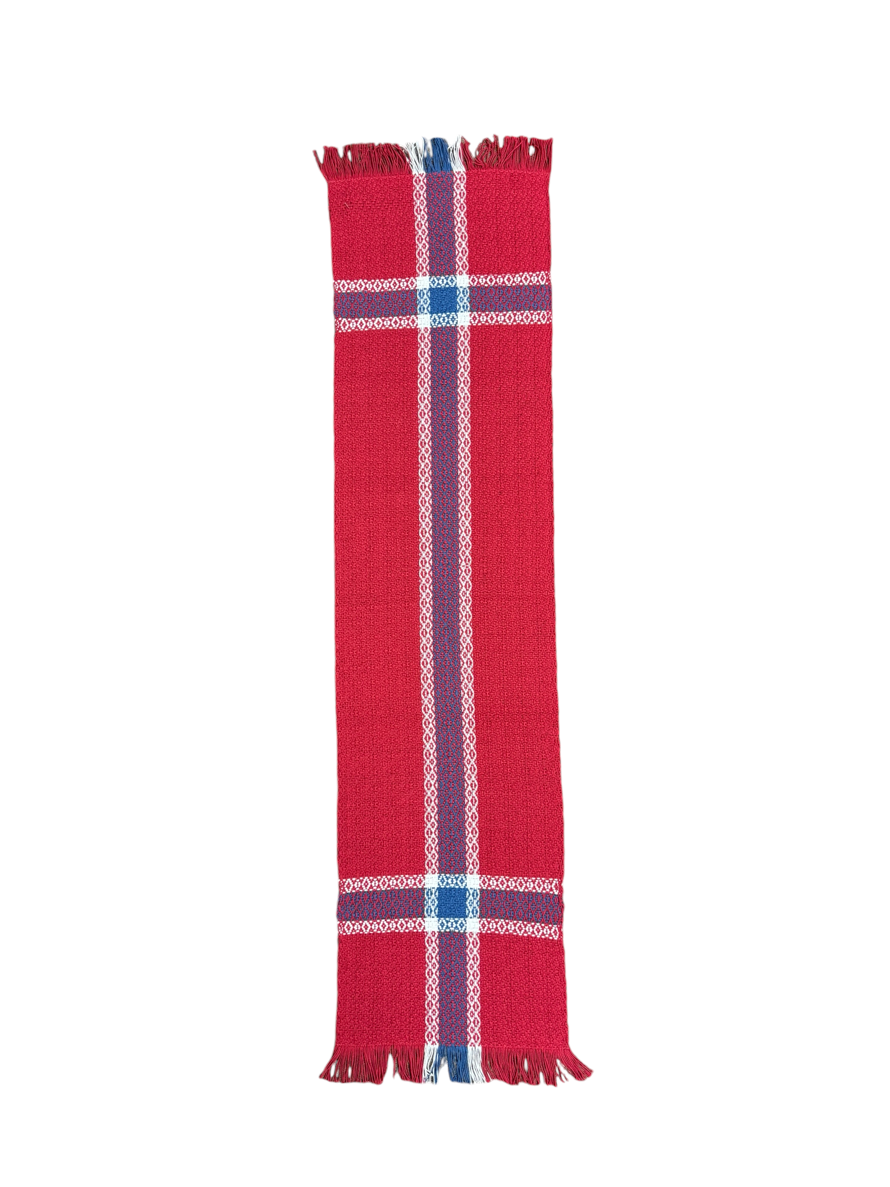 This Norwegian Flag Runner, measuring 36"-39" in length, is expertly hand-woven from 100% cotton and showcases a red backdrop highlighted by blue and white stripes, complete with fringed ends.