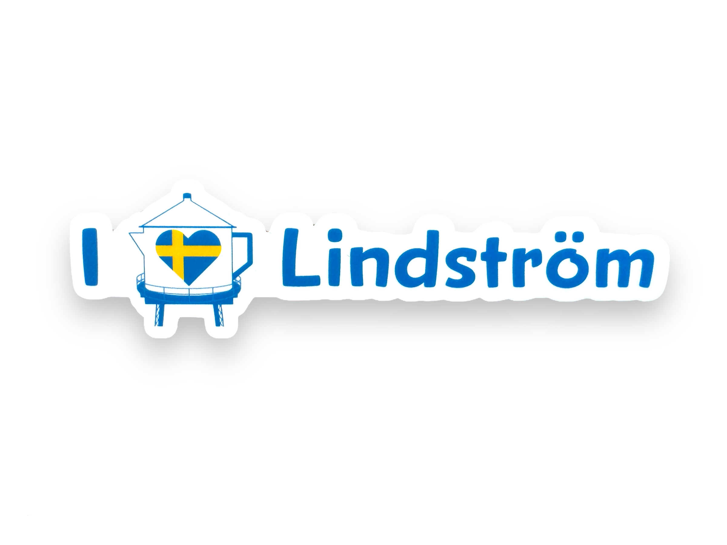 Sticker: I heart Lindstrom, featuring a waterproof design with a blue water tower, heart motif, and Swedish flag.