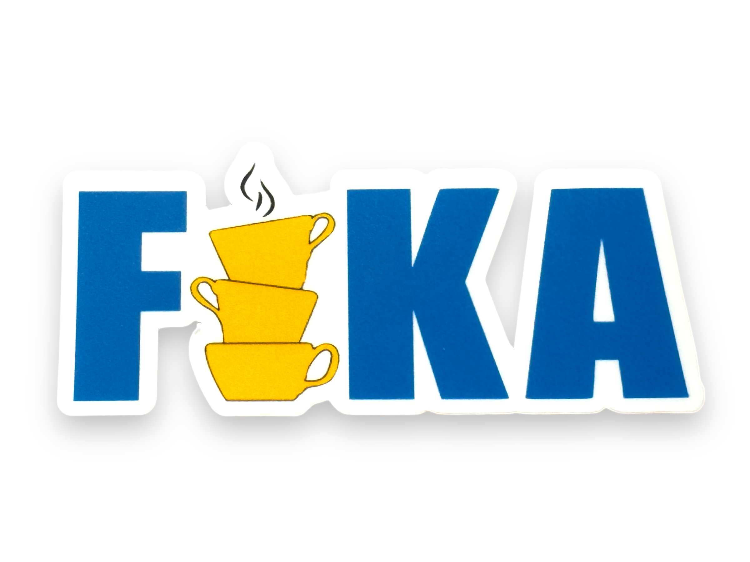 The image displays the word FIKA, where two yellow coffee cups are cleverly stacked and steaming to replace the letter I. This lively design is available as a Fika vinyl sticker, offering both water resistance and UV protection—ideal for infusing any surface with a touch of café charm.